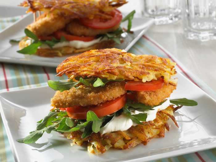 This chicken patty is sandwiched between two potato latkes instead of buns.