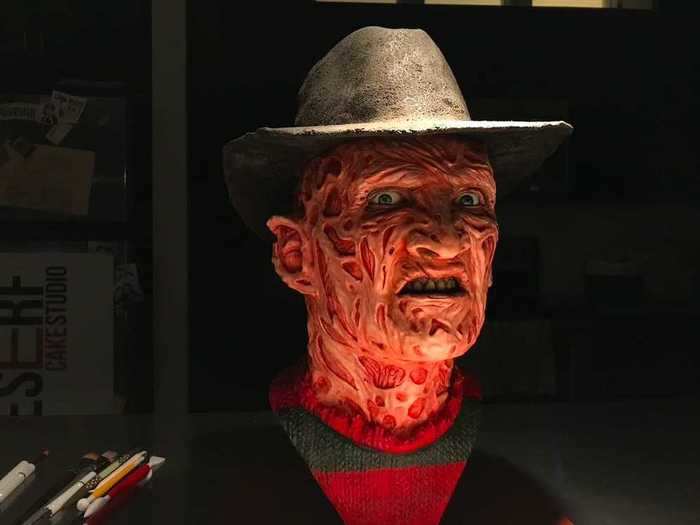 She also researches the methods special effects makeup artists use, like for her Freddy Kruger bust cake.