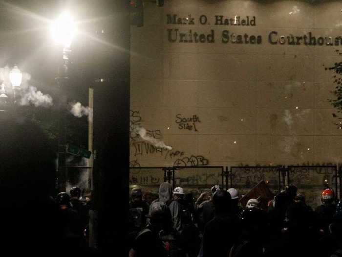 Demonstrators largely gathered in front of the Mark O. Hatfield federal courthouse in downtown Portland, where they confronted federal agents and faced plumes of tear gas.