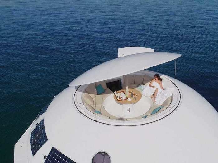 The pod has 360-degree views of the ocean and opens to an outdoor seating area built for 12 people.