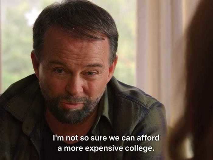 Elle and her dad discuss affordable college options, a practical conversation that perhaps should