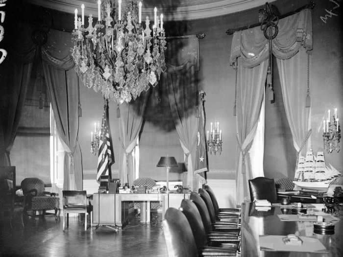 President Franklin D. Roosevelt used the Blue Room as his temporary office while the Oval Office was being remodeled in 1934.