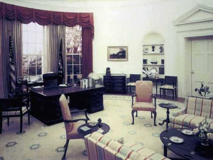 Gerald Ford added his own touch with a burgundy color scheme and striped couches in 1975.