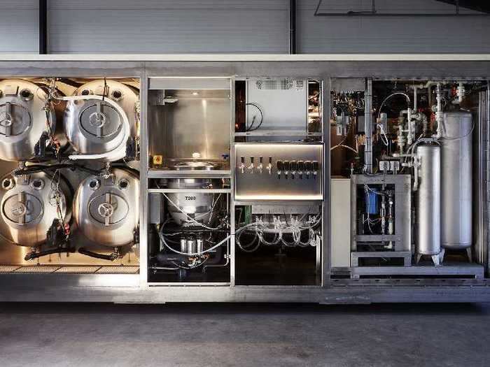 The microfactory can contain a full brewery, with water, hops, malt, and yeast to brew beer.