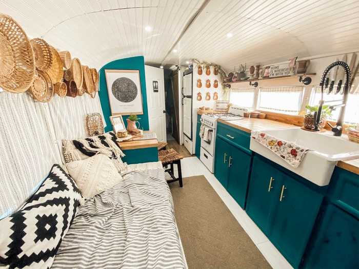 The 187-square-foot bus makes a cozy home for the family of four.