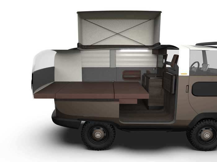 The camper comes with a refrigerator, television, seating area that can convert into a bed, freshwater tank, and sink, similar to many campers currently available in the market.