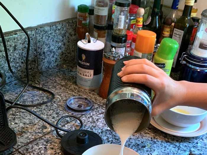 Then, I tried putting milk into the frother before mixing it with the eggs to see if it would make a big difference.