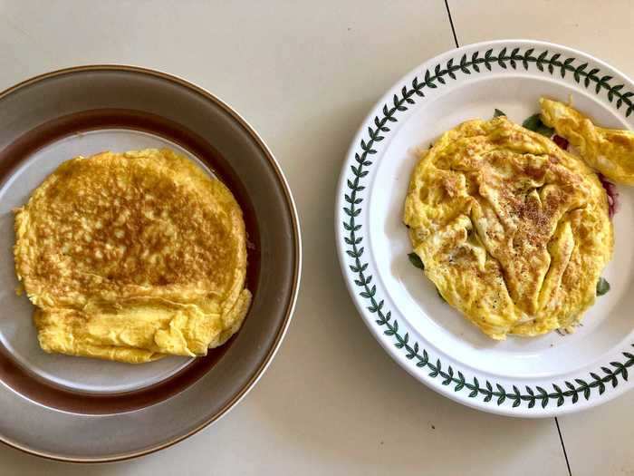 I first did a dry run of the hack, making a couple of different omelettes by pouring just eggs into the milk frother.