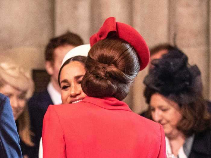 Three months later, Markle and Middleton greeted each other with a hug at the Commonwealth Day 2019 service.