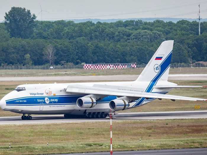 Smaller loads can be carried by the Antonov An-124 Ruslan, basically a scaled-down version of the An-225, which also has a nose door.