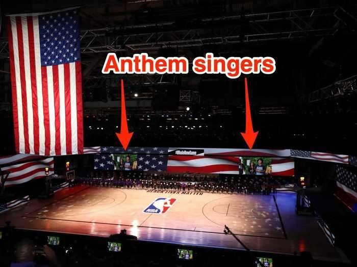 The national anthem was pre-recorded and played on the screens, rather than in-person.