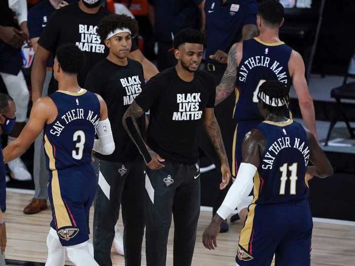 Players wore jerseys with messages of social justice on the back. "Say Their Names," in reference to victims of police brutality, is a popular one.