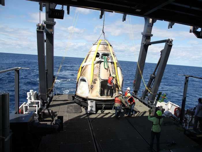 After splashdown, Behnken and Hurley will wait inside the capsule for 30 minutes to an hour, depending on the weather and the state of the spacecraft, as recovery teams in boats approach.