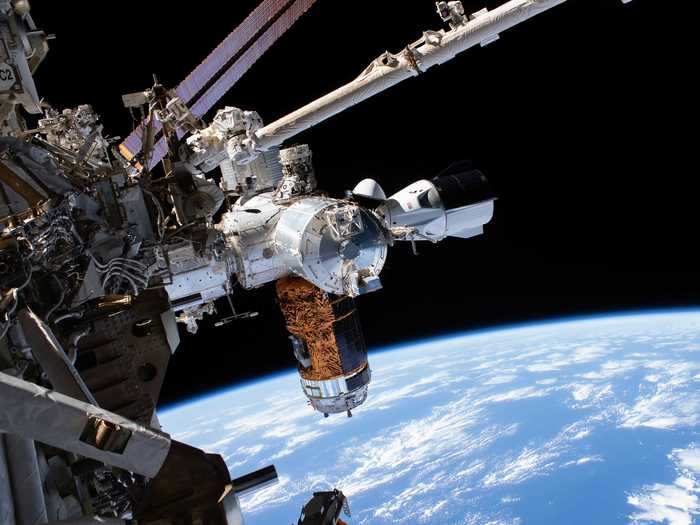 The spaceship is still sitting attached to the ISS. When it