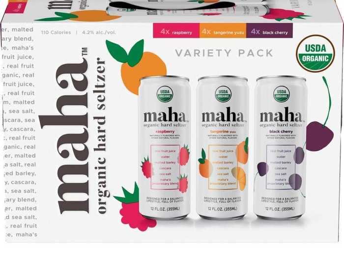 Maha organic hard seltzer comes in a three-flavor variety pack.