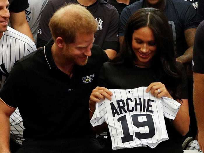 Markle and Harry were presented with numerous gifts for their son after the birth, including this adorable personalized New York Yankees jersey.