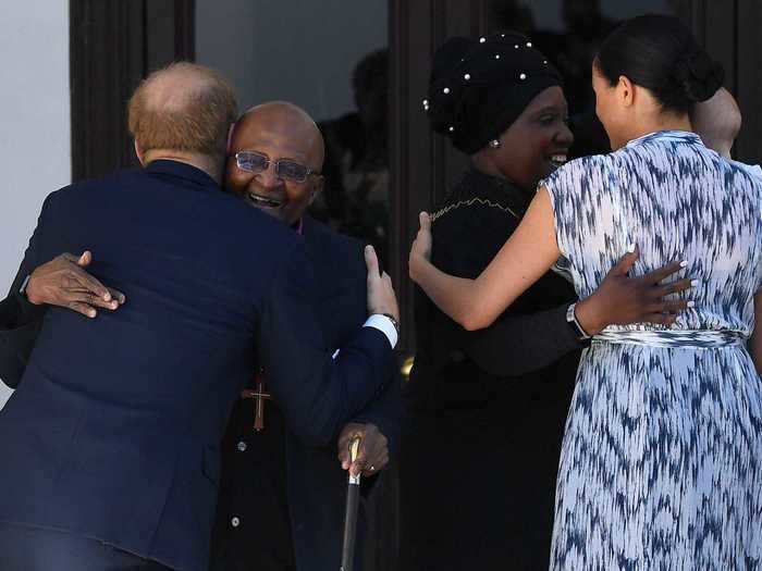 As any new mom knows, it can be difficult to separate yourself from the little one. When Markle and Harry met Archbishop Desmond Tutu in South Africa last year, the duchess and Archie gave his daughter, Thandeka Tutu-Gxashe, a three-way cuddle.