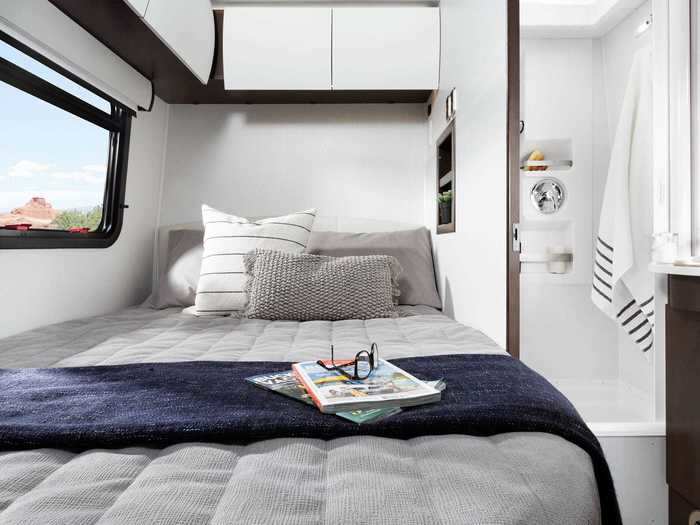 The $141,385 Corner Bed layout can seat and sleep four people with its 52-inch by 76-inch bed and dinette area that can convert into a second slumber spot.