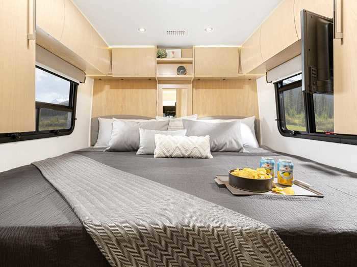 The two beds can also be combined into an 88-inch by 76-inch king bed, allowing the build to seat four and sleep two.