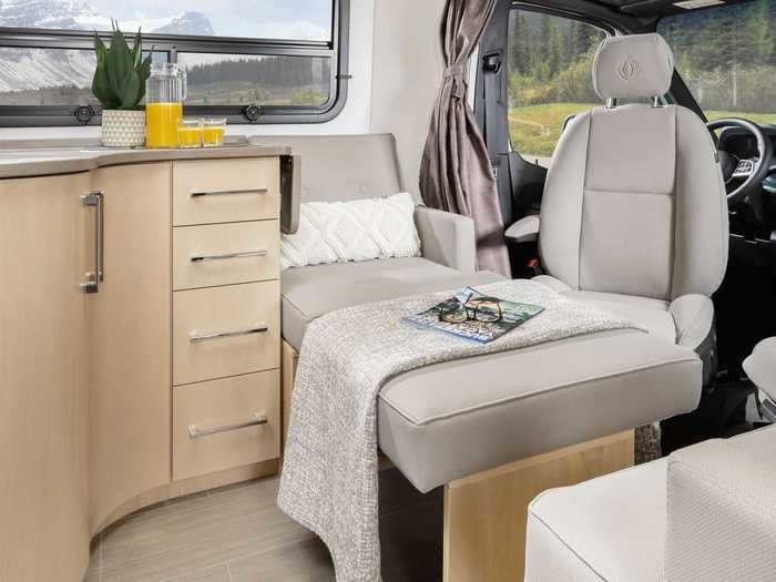 The Island Bed layout can seat four people and sleep up to two while still offering up to 63 cubic feet of exterior storage.