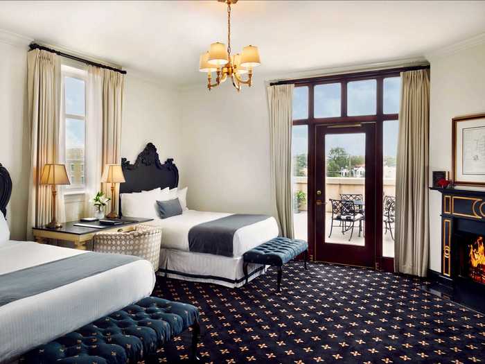 The most luxurious suite, the Deluxe Market View Terrace Suite, comes with a fireplace and a private terrace overlooking the open-air Charleston City Market.