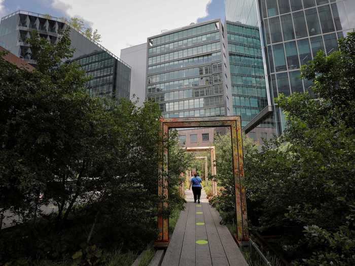 The High Line reopened from coronavirus closures on July 16, NPR reported. There are new social distancing guidelines in place, like having everyone walk in one direction and wear masks. Circles are placed six feet apart on the ground to remind visitors to social distance.