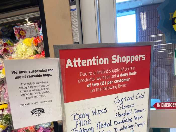 Hannaford, the local grocery store chain, has a table set up at the front where two staff members keep track of everyone coming in to make sure all patrons are wearing a mask.