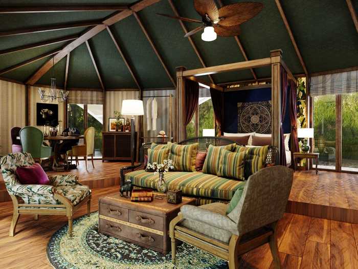 ... to this jungle-inspired setup with a roof that looks like a leaf.