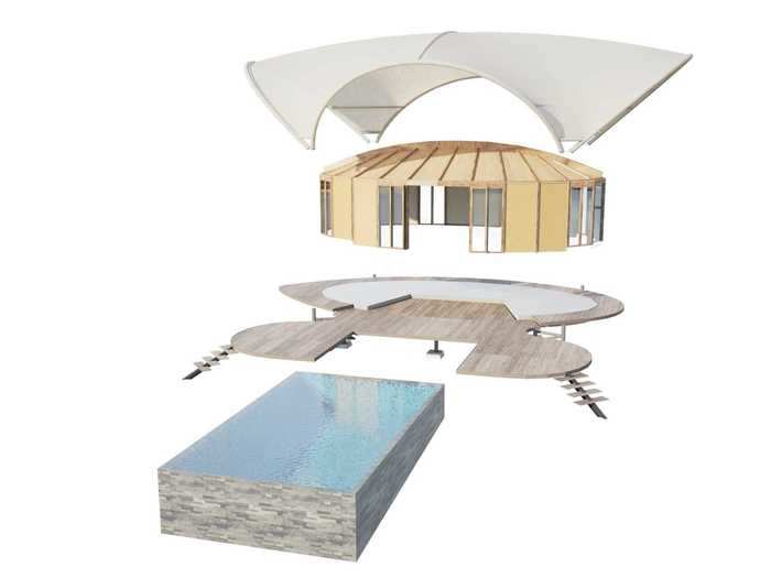 Each consists of a tensile canopy roof, timber structure, and a deck supported by stilts. The color of the deck and roof are customizable, and buyers have the option to add an infinity pool.