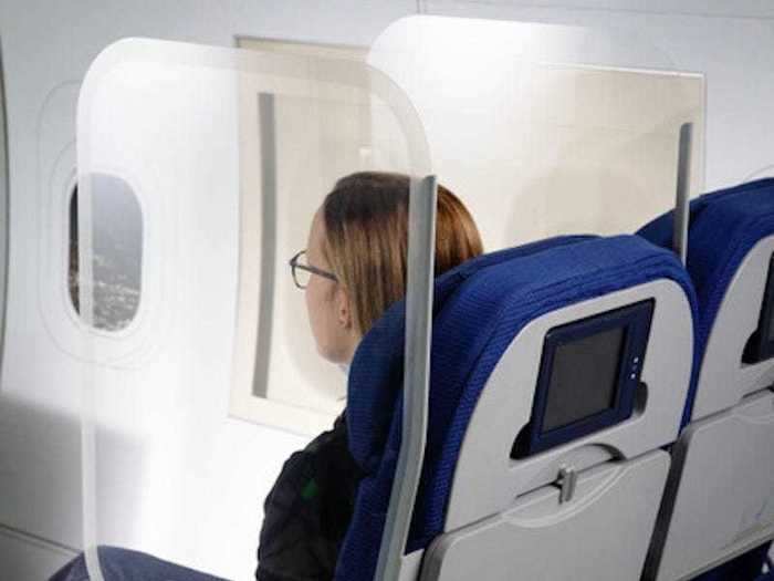 AeroGlass is a screen that can be fitted between seats, protecting passengers from airborne particles much as face shields do.