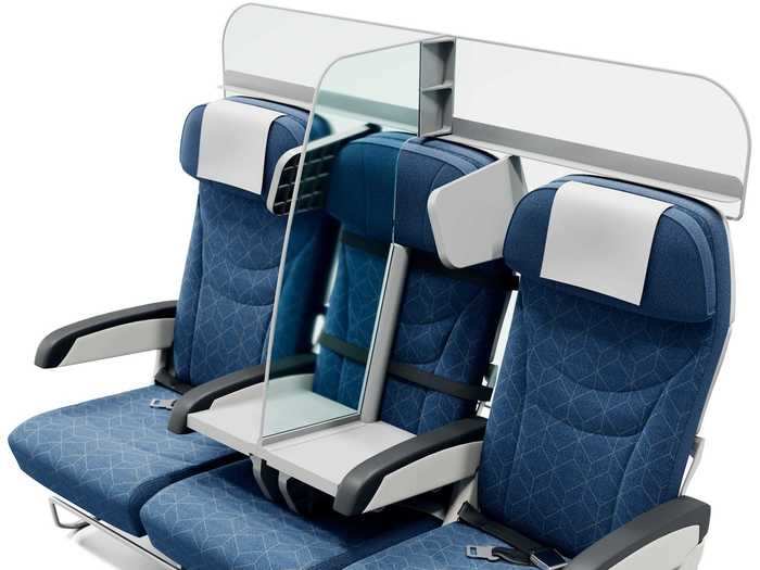 This removable shield for middle seats is designed to protect passengers from aerosols from both behind and neighboring seats, and helps maintain social distance.