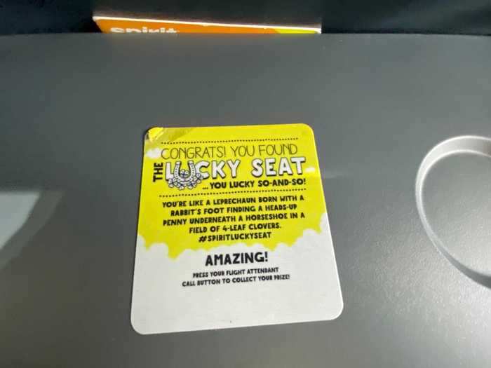 The middle seat next to me was also a "lucky seat" and the occupant was entitled to a prize. Unfortunately, the seat stayed empty.