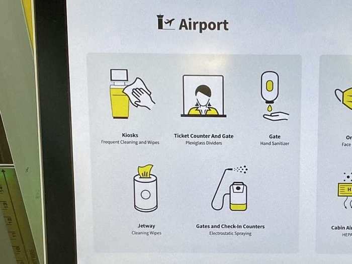 One side detailed the new airport cleaning practices – wiping down kiosks, placing hand sanitizer stations next to boarding doors, and disinfecting ticket and gate counters, among others.