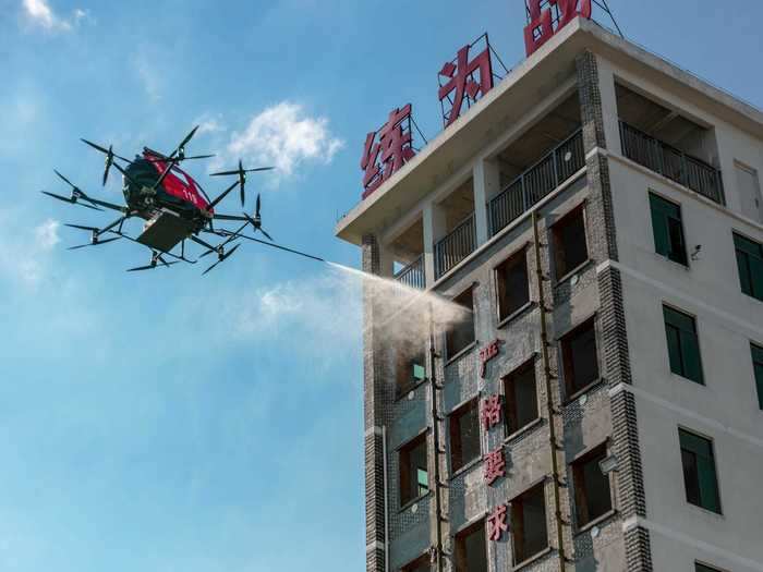 According to eHang, these features solve the issue of fighting fires in high-rises with traditional nozzles that are less than 164 feet long.