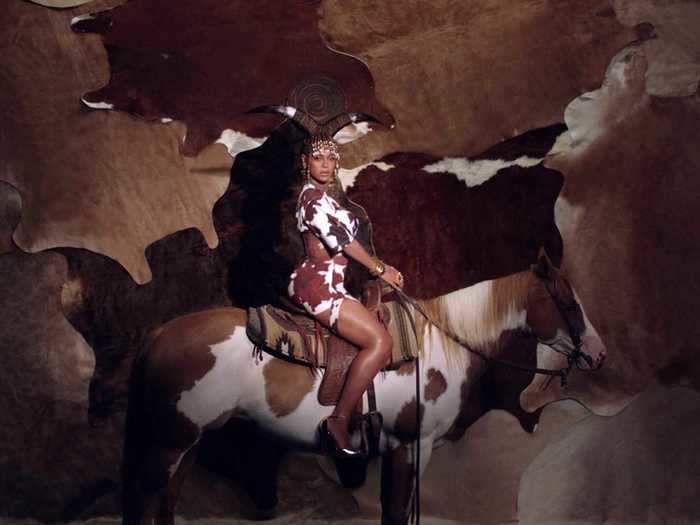 Beyoncé wears cow print and bull horns, which symbolized divinity and fertility in ancient Egypt.