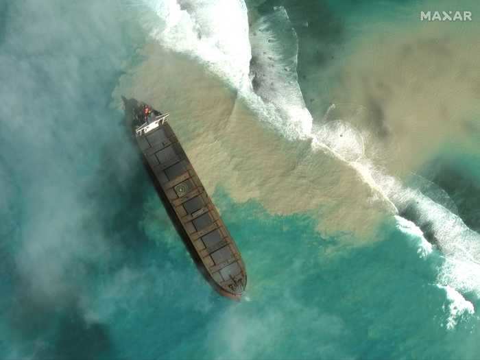 Aerial and satellite images showed the size of the spill tainting the blue waters of the Indian Ocean.