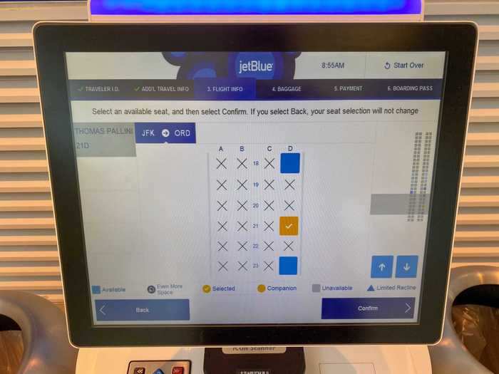 Next came seat selection, which proved to be easy since JetBlue was blocking all aisle seats for solo travelers on the Embraer E190 aircraft on which I was flying. I