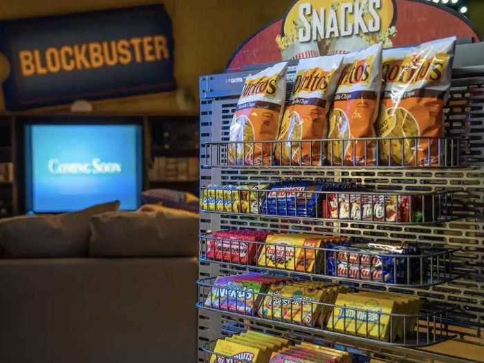 The place comes stocked with classic movie theater snacks, including items like Doritos in their 1990s packaging.