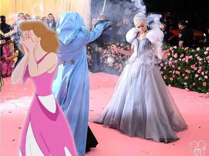 Muksin also edits Disney princesses into real-life situations, like the animated Cinderella running away after Zendaya upstages her at the 2019 Met Gala.