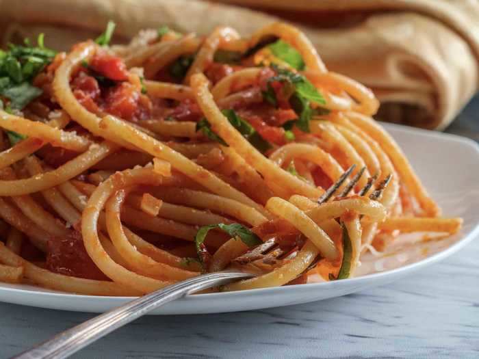 Bucatini amatriciana is an authentic sweet and savory dish.