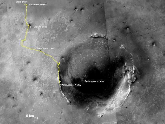 The orbiter captured the journey of the Opportunity rover, which was originally designed for a 90 day mission. The rover explored Mars for more than 14 years.