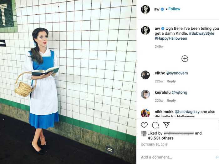 Allison Williams modeled her "Beauty and the Beast"-inspired costume in a New York City subway station that year.