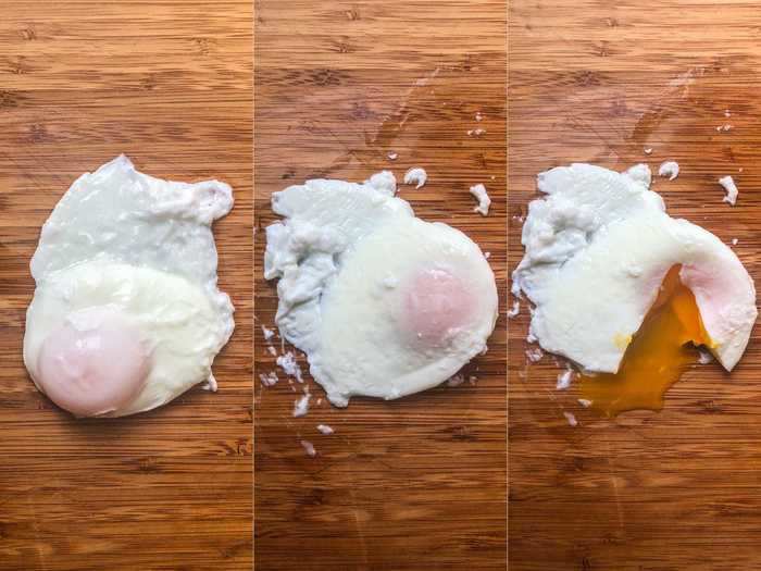 Dropping the egg without a whirlpool or vinegar also caused the feathering of egg white.