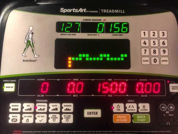 I set the treadmill to an interval program with a 15-minute timer. I also decided to go at what would normally be a comfortable pace and alternate between a 4 mph resting speed and 5.5 mph challenge speed.