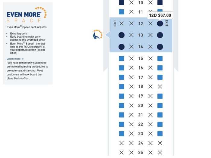 The exit row seats were jacked up to $67, though they included extra legroom, priority boarding, and expedited security, where available.
