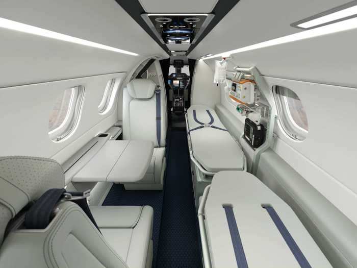 Despite its small size as a light jet, the cabin is large enough to house up to two stretchers...