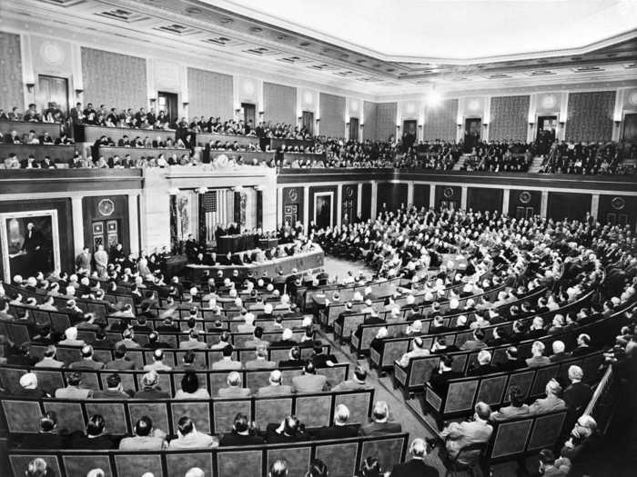 The House chamber was redesigned from 1949 to 1950 in order to make the ceiling more structurally sound and update the Victorian-style decor.