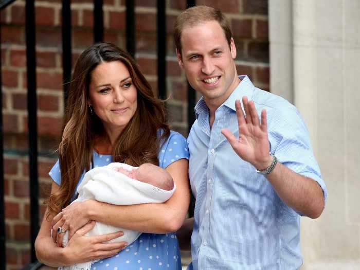 When Prince George was born, Kate Middleton wore a blue polka-dot Jenny Packham dress.