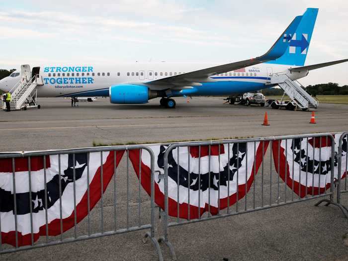 In 2016, former Secretary of State Hillary Clinton adopted a Boeing 737, painted in blue and white with the campaign slogan emblazoned on the fuselage.