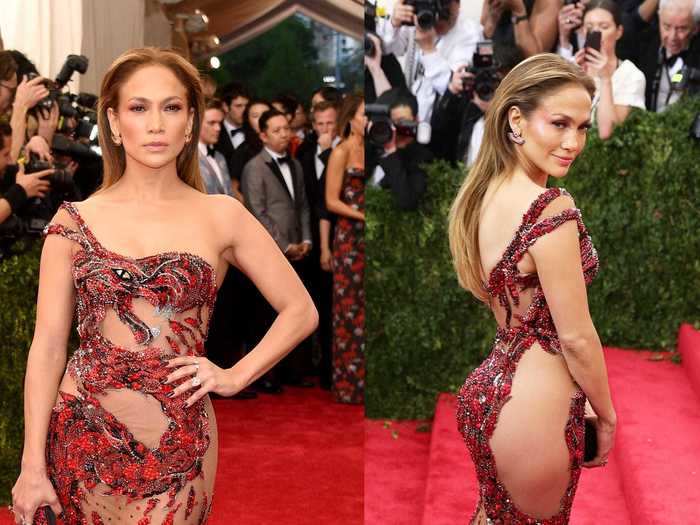 Jennifer Lopez was the third celebrity to wear a sheer jeweled dress to the 2015 Met Gala.